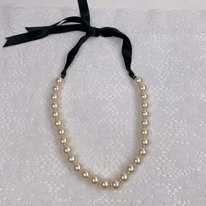 Faux Pearl Formal dressy Necklace with Black Satin Ribbon Tie back Creme pearls